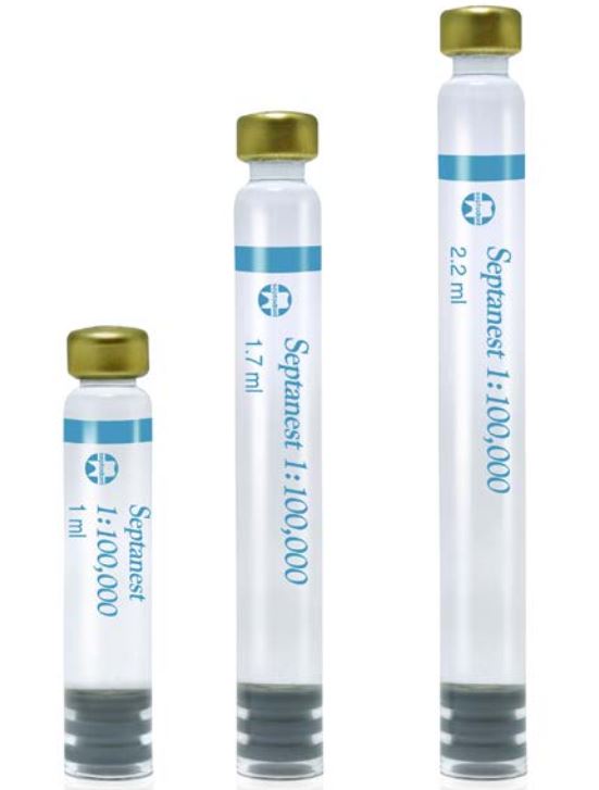 Ống thuốc tê nha khoa với các thể tích 1, 1.7 và 2.2 ml.